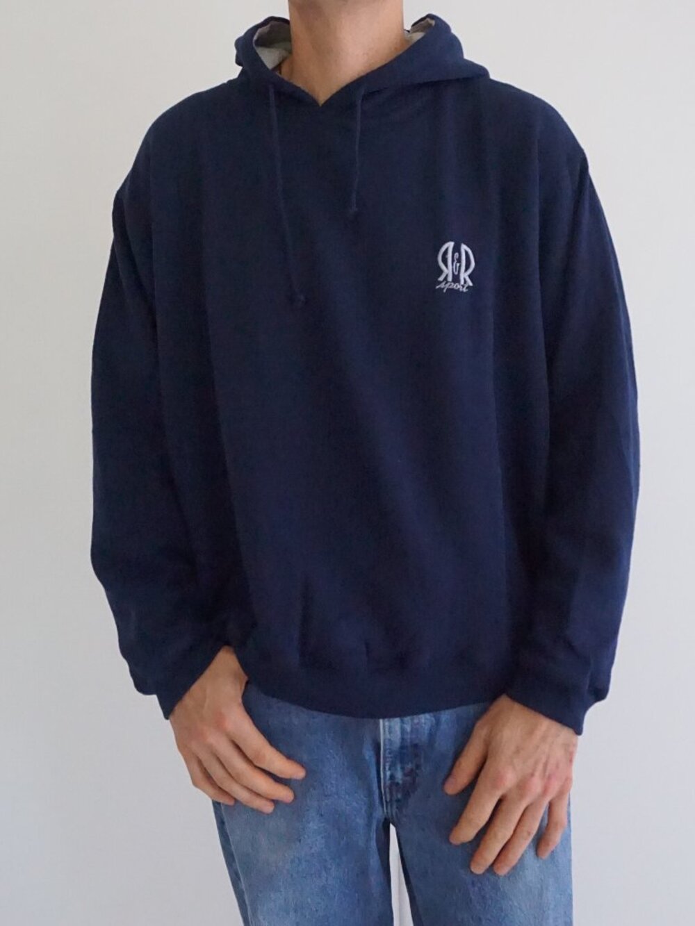 Vintage R&R Sport Navy Blue Embroidered Chest Logo Athletic Drawstring Hoodie M